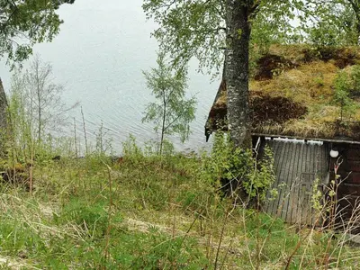 a small shed next to a tree next to a body of water at 4 person holiday home in Surna in Glerem
