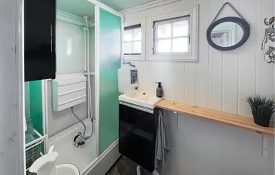 a bathroom with a sink and a toilet and a mirror at Cozy Home In Vinje With Wifi in Hommo