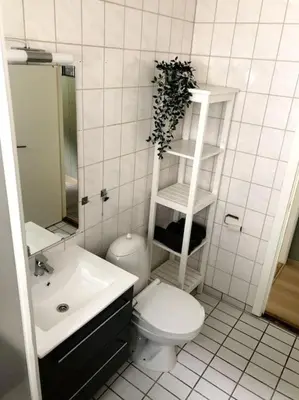 a white bathroom with a toilet and a sink at Flat in the center of Loen in Loen