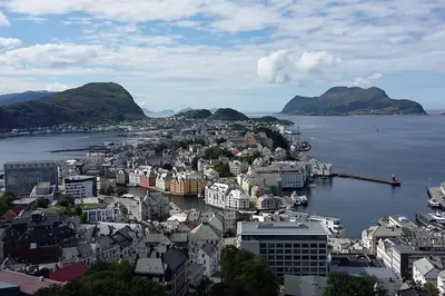 an aerial view of a city on the water at Norwegian Fjords Time Out in Stranda