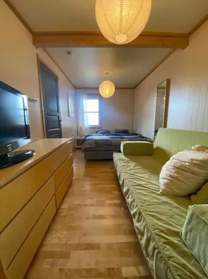 a living room with a couch and a tv and a bed at Spacious cabin with a fabulous view and a sauna in Skulestadmo