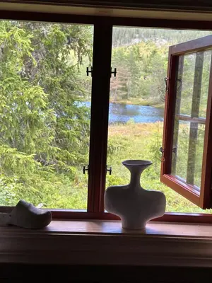 a vase sitting on a window sill in front of a window at Hytta på Øyfjell in Trovatn