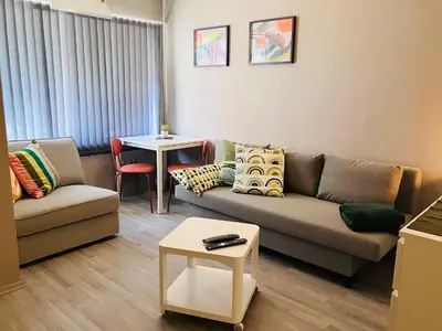 a living room with a couch and a table at Sentralt beliggende studioleilighet in Gol