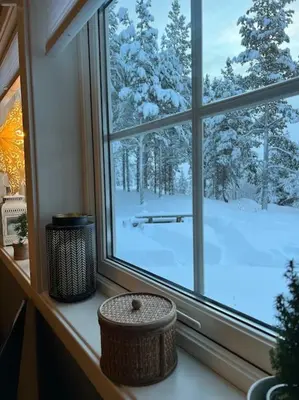 a window with a view of a snow covered forest at Cozy apartement near Besseggen with a nice outdoor area! in Randsverk