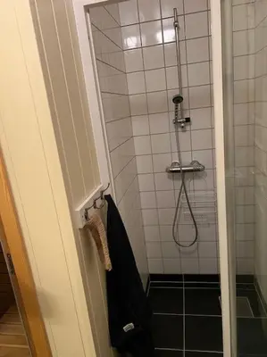 a bathroom with a shower with a black towel at Cozy apartement near Besseggen with a nice outdoor area! in Randsverk