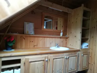 a bathroom with a sink in a wooden cabin at Dønhaug Gjestegard in Uskedalen