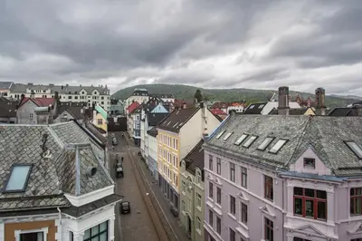 an aerial view of a city with buildings at Dinbnb Apartments I Penthouse 250m From City Center I Privat Balcony in Bergen