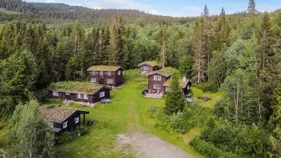 an aerial view of a house in the woods at Frøy&Frøya Hyttetun in Skammestein