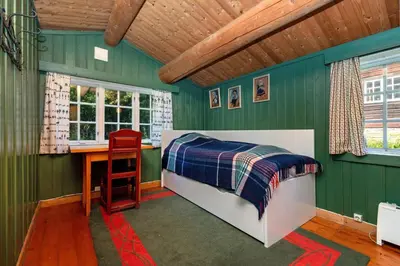 a bedroom with green walls and a bed and a desk at Frøy&Frøya Hyttetun in Skammestein