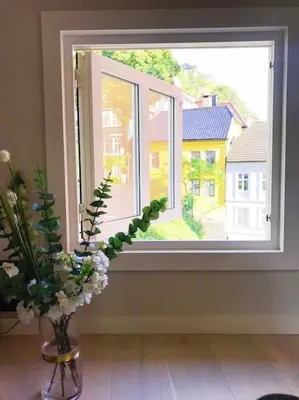 a window with a vase of flowers in a room at Very Central Beautiful Modern Apartment in Bergen