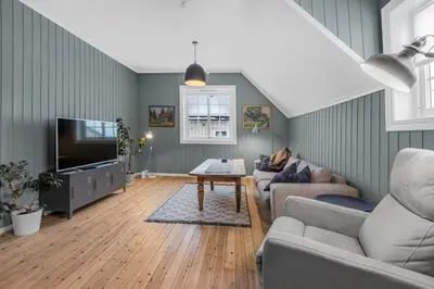 a living room with a couch and a tv at Sentral leilighet i klassisk hus! in Lillehammer