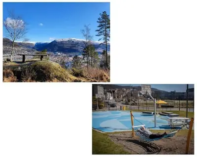 a collage of three pictures of a park at Apartment with Loft & Window Balcony, Free parking in Bergen