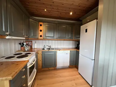a kitchen with green cabinets and a white refrigerator at Charming 3-Bedroom Apartment With Great Views! in Beitostøl
