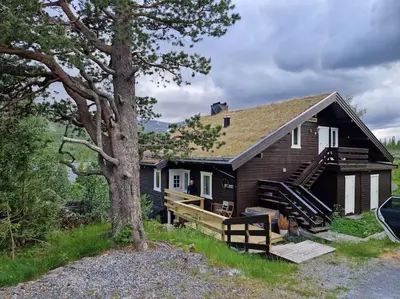 a small house with a porch and a tree at Gaustablikk, 3 soverom, fri utsikt til fjell og innsjø in Gaustablikk