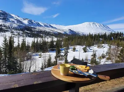 a wooden table with a plate of food and a glass of wine at Gaustablikk, 3 soverom, fri utsikt til fjell og innsjø in Gaustablikk