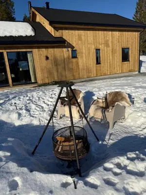 two dogs in the snow in front of a building at Ny hytte i vakre Oppdal, Norge in Fagerhaug