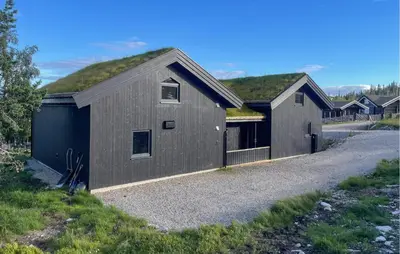 a house with a grass roof on a road at 5 Bedroom Stunning Home In Løten in Løten