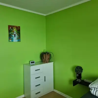 a bedroom with green walls and a white dresser at Fjord view in centre with parking in Ålesund