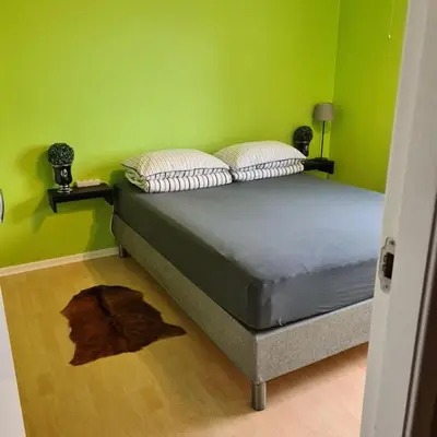 a bedroom with a bed with a green wall at Fjord view in centre with parking in Ålesund