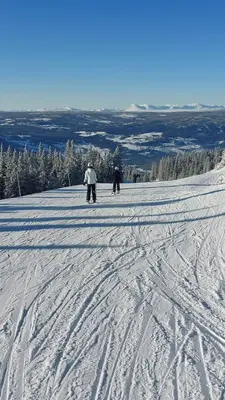 three people are skiing down a snow covered slope at HYTTEEVENTYR I VALDRES MED JACUZZI, 5 soverom, alpinbakke og skiløyper like ved! in Aurdal