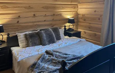 a bedroom with a bed with a wooden wall at Lovely Home In Uvdal With Sauna in Uvdal