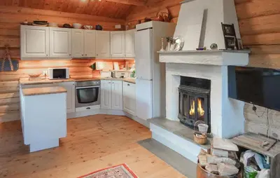a kitchen with a fireplace and a stove at 2 Bedroom Lovely Home In Oppdal in Oppdal