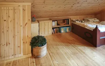 a bedroom with a bed in a wooden cabin at Stunning Home In Rjukan With Sauna in Rjukan