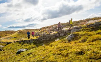 a group of people walking on a grassy hill at Sanden pensjonat in Lærdalsøyri