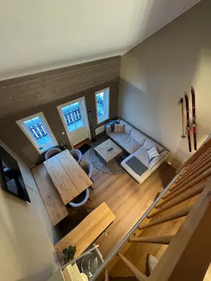 an overhead view of a living room with a couch at Cozy Apartment - Great View! in Håra