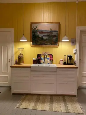 a kitchen with a sink and a painting on the wall at Historisk villa med klassiske detaljer in Snertingdal
