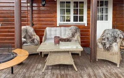 two dogs sitting on a porch with a couch at Lovely Home In Bjorli With Wifi in Bjorli