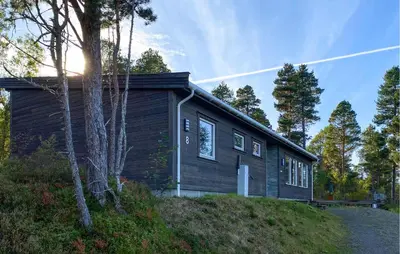 a black house on a hill with trees at 3 Bedroom Beautiful Home In Torvikbukt in Torvikbukt
