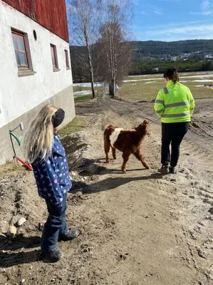a woman and a child and a dog on a dirt road at Delikat tømmerhytte på Blefjell in Flesberg
