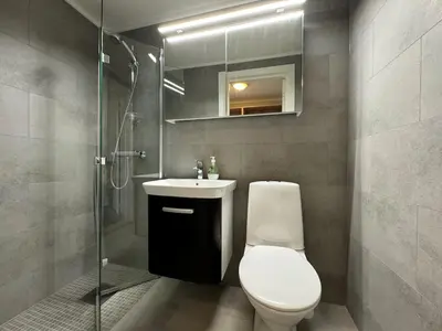 a bathroom with a toilet and a sink and a shower at Bitihorn hotellfølelse i sentrum in Beitostøl