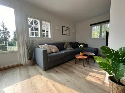 a living room with a blue couch and two windows at Sjusjøstua by Norgesbooking - cabin close to cross country trails in Ringsaker