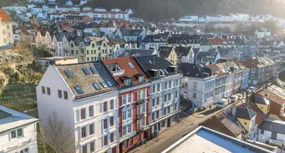 an aerial view of a city with buildings at Sentral og stilfull leilighet in Bergen