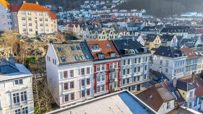 an aerial view of a city with buildings at Sentral og stilfull leilighet in Bergen