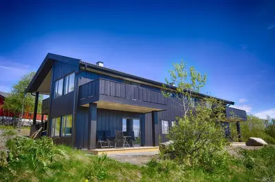 a black house with a black roof at Perfect Family Base In Beitostølen in Beitostøl