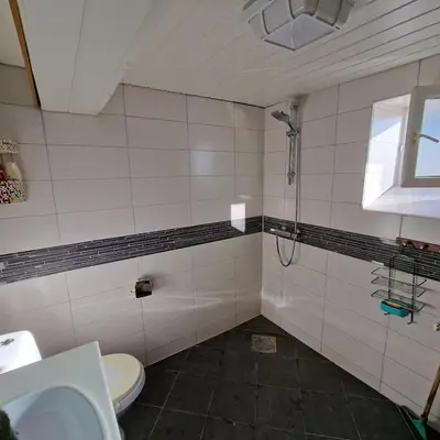 a bathroom with a shower and a toilet and a sink at Captivating 6-Bed Cottage in Lismarka in Haugen
