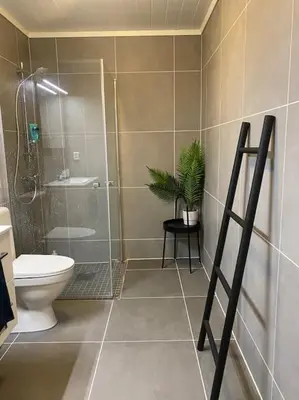 a bathroom with a toilet and a shower and a plant at Oppgradert leilighet i Tråstølen in Skulestadmo