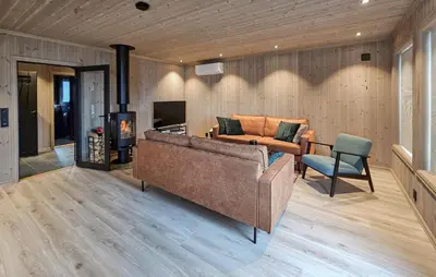 a living room with a couch and a fireplace at Awesome Home In Rauland in Rauland
