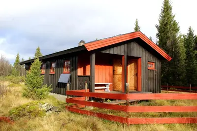 a small cabin with a red roof in a field at Granbu by Norgesbooking - cozy cabin at Golsfjellet in Ulnes