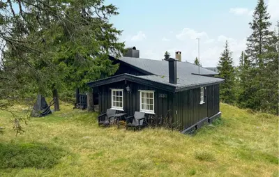 a small green house on a hill in a field at Cozy Home In Sjusjøen With Sauna in Sjusjøen