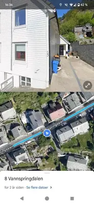 a collage of two pictures of a house with parked cars at Koselig leilighet i sentrum in Ålesund