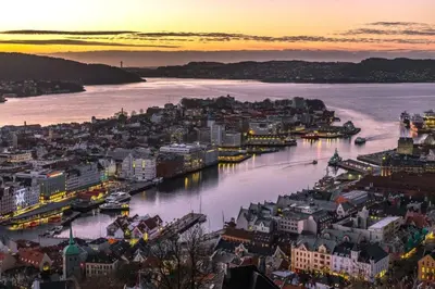 an aerial view of a city at sunset at Dinbnb Appartments l Live in a postcard ! l 300 m To Bryggen l Value! in Bergen