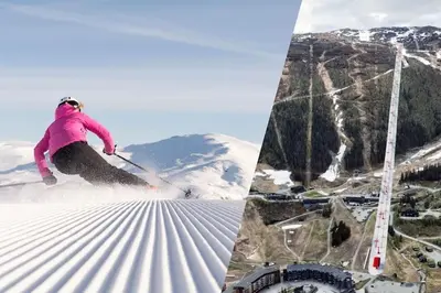 two pictures of a person skiing down a snow covered slope at Ski-in ski-out - Hemsedal Fjellandsbyen in Hemsedal