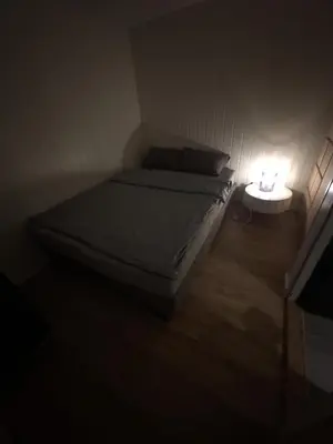 a small bedroom with a bed and a side table at Vassfjellet Home in Trondheim