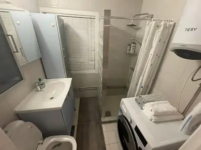 a bathroom with a sink and a toilet and a shower at Central 2 bedroom apartment in Lillehammer