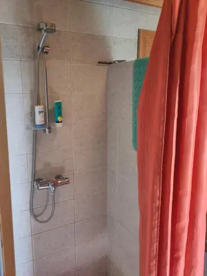 a shower with a shower head in a bathroom at Coazy cabin with sauna in Trysil