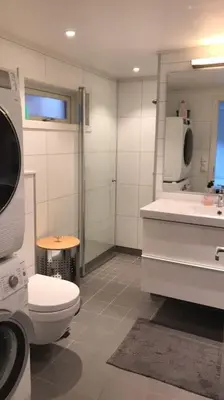 a bathroom with a toilet and a sink at Trondheim sentrum, Lade - Nyhavna, gratis parkering in Trondheim